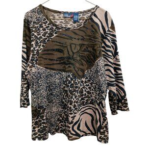 VTG Y2K Phool Womens Top Large Brown Animal Print Embellished Artsy Novelty